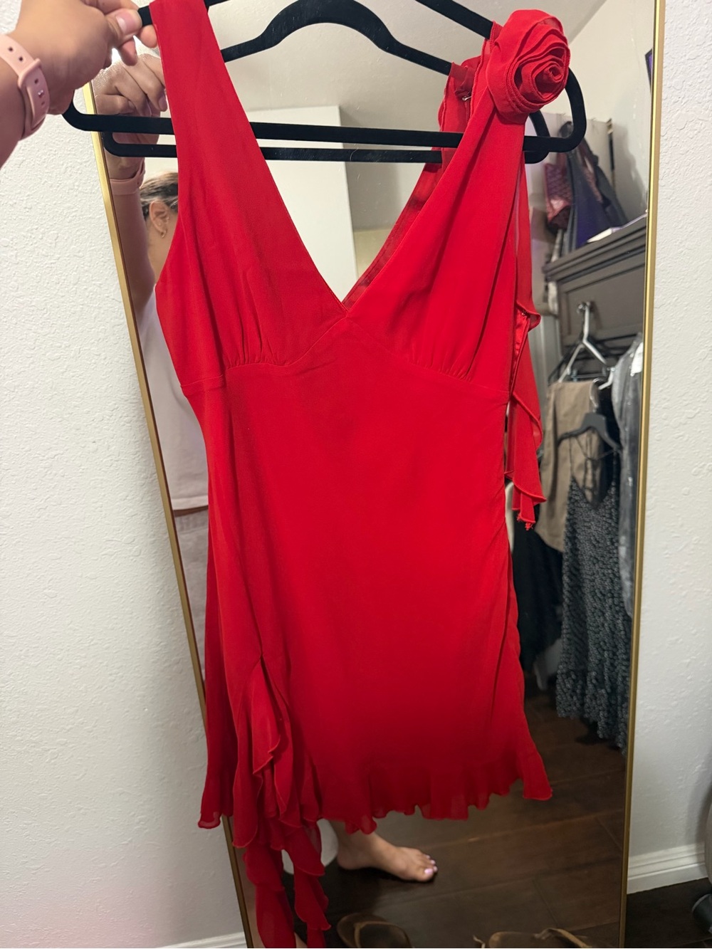 Elegant One-Shoulder Red Dress with Rosette Detail